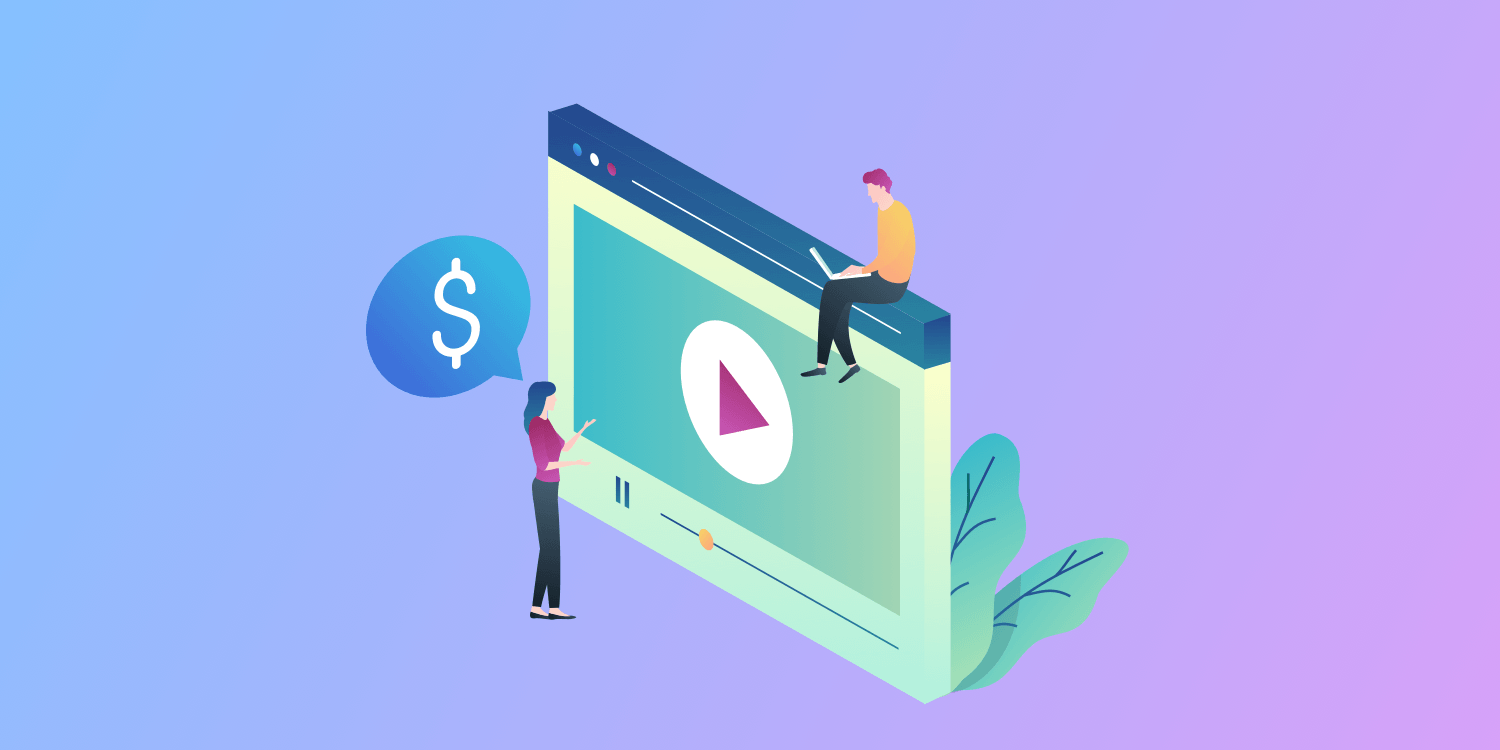  The illustration represents two people sitting on top of a large video player on a website.  