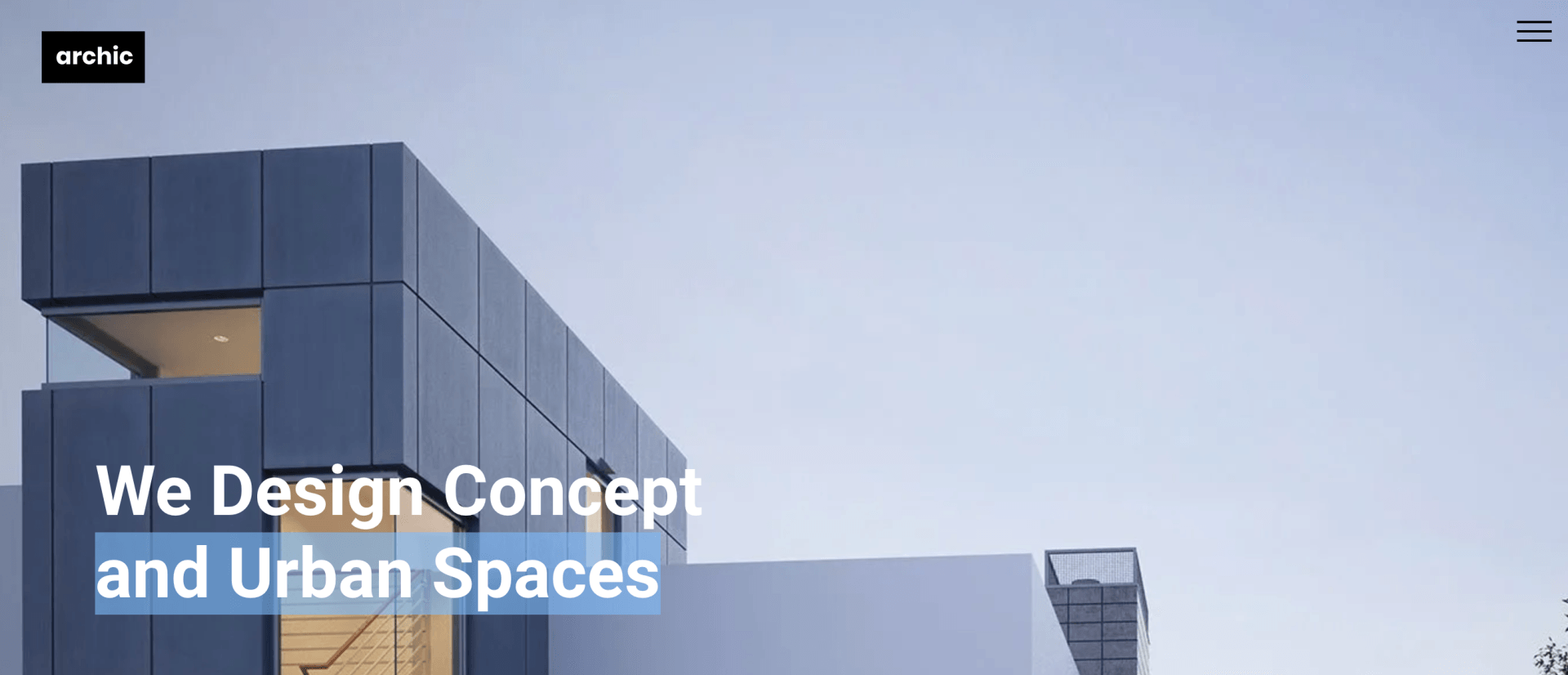 A screenshot of an architect website with a hamburger menu