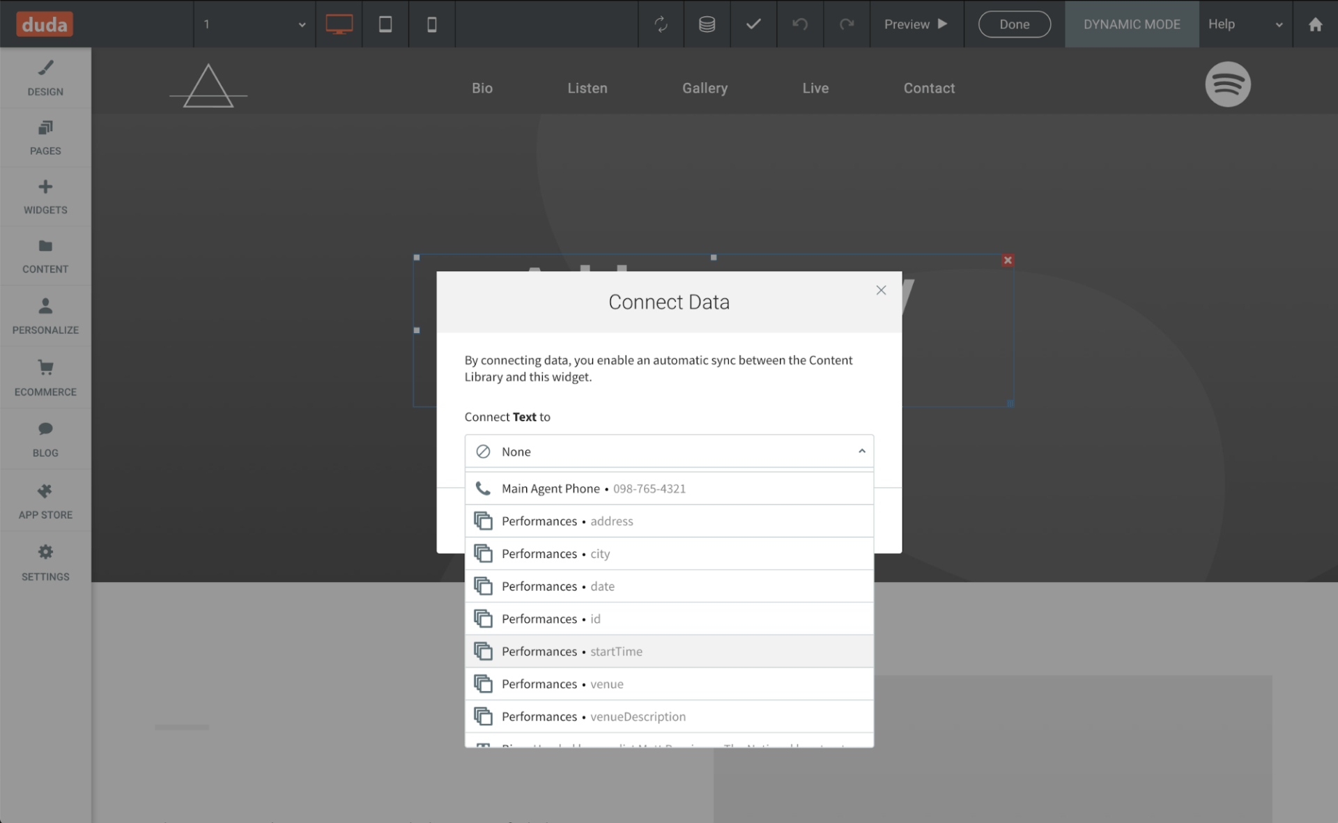 Widget em modo dinâmico