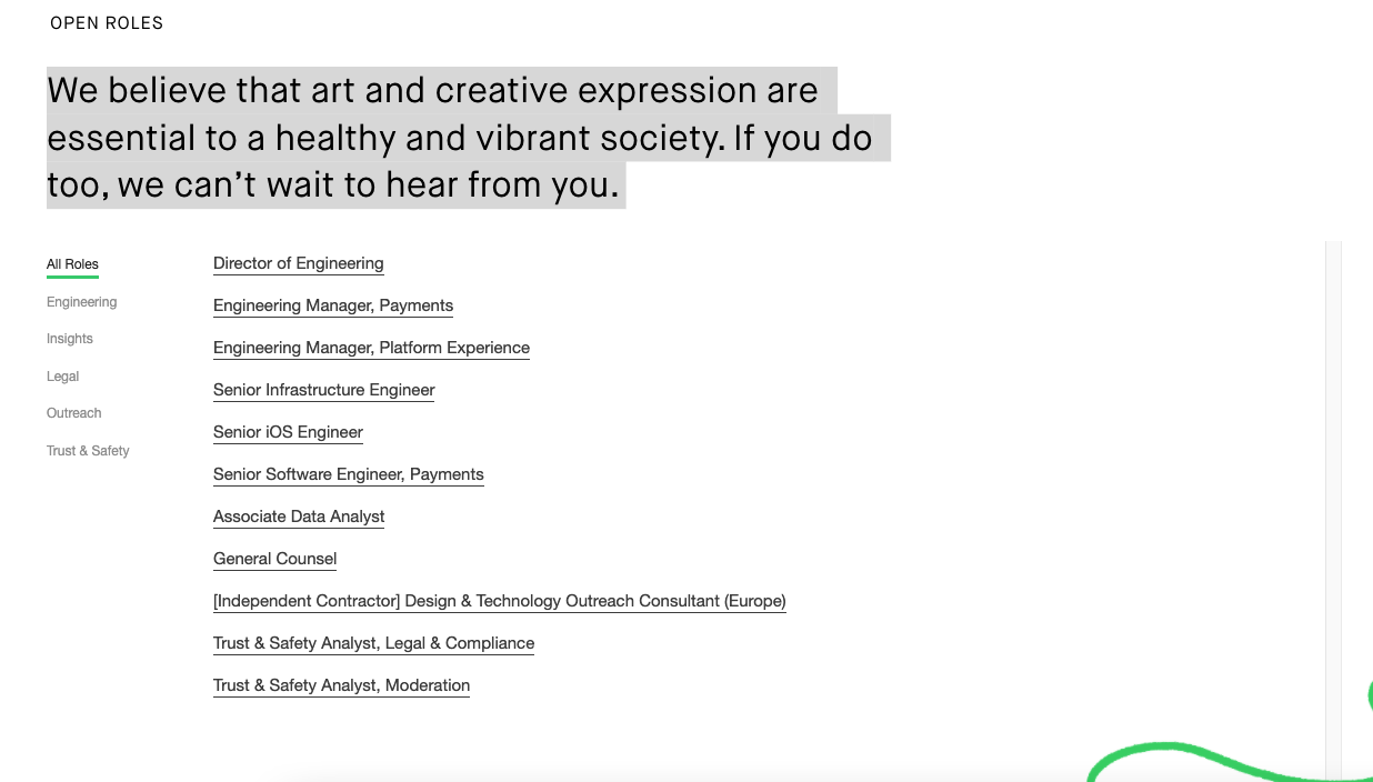 Kickstarter career page with a list of open roles