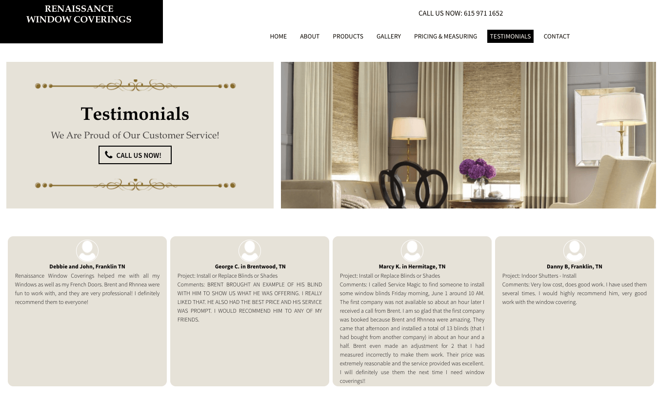 Testimonials page ofthe Renaissance Window Coverings website