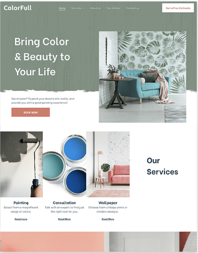 Website for a painting company with the text 
