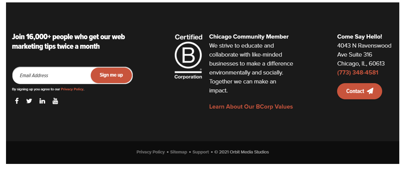 The footer for Orbit Media's website