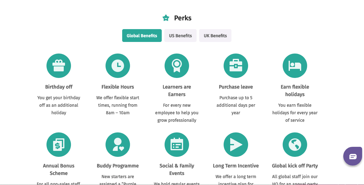 Purple career page with a list of perks