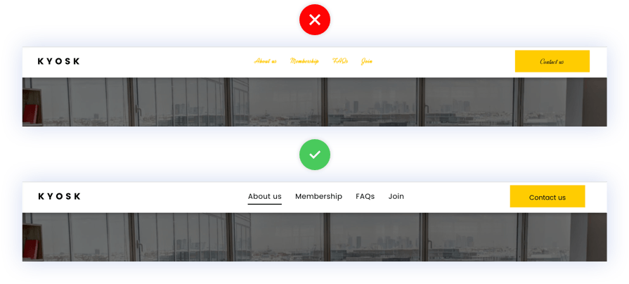 Two examples of website headers. The one on top is marked as incorrect and it is not using readable fonts due to the color and font chosen. The one on the bottom is using clear, readable fonts.