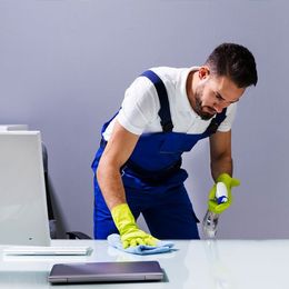 Janitor Cleaning Computer Desk — Beaver Falls, PA — Cline Cleaning & Restoration Janitor Cleaning Computer Desk — Beaver Falls, PA — Cline Cleaning & Restoration