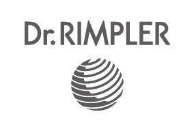 Dr. Rimpler-Logo mit stilisiertem, gestreiftem Globus-Symbol in Schwarz und Grau