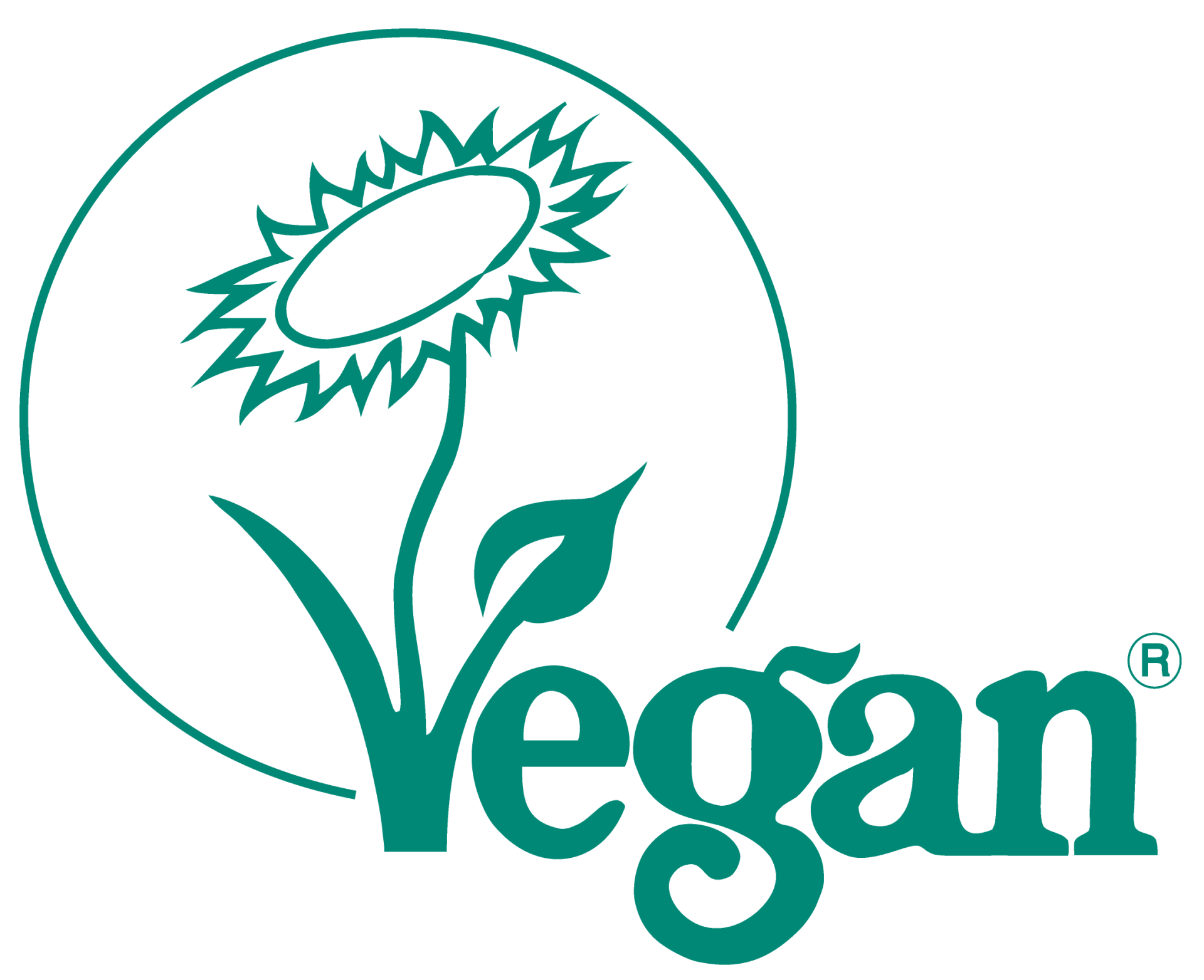 Grünes veganes Logo mit einer sprießenden Pflanze in einem Kreis und dem Wort „vegan“ darunter