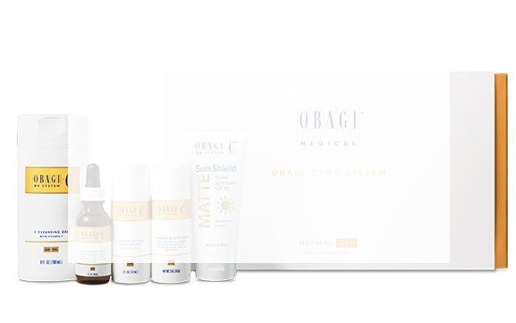 A white box filled with a variety of obagi products.