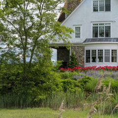 a large white house is surrounded by trees and flowers