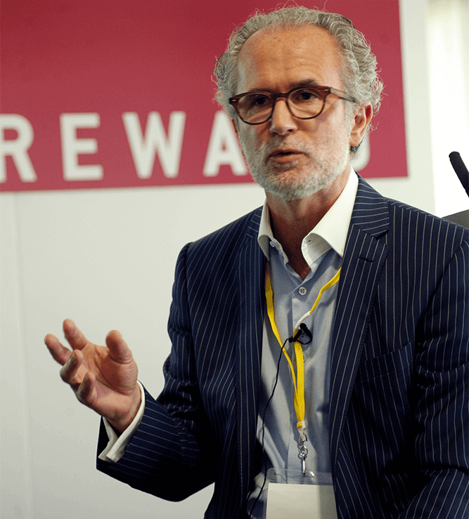 businessman with badge talking
