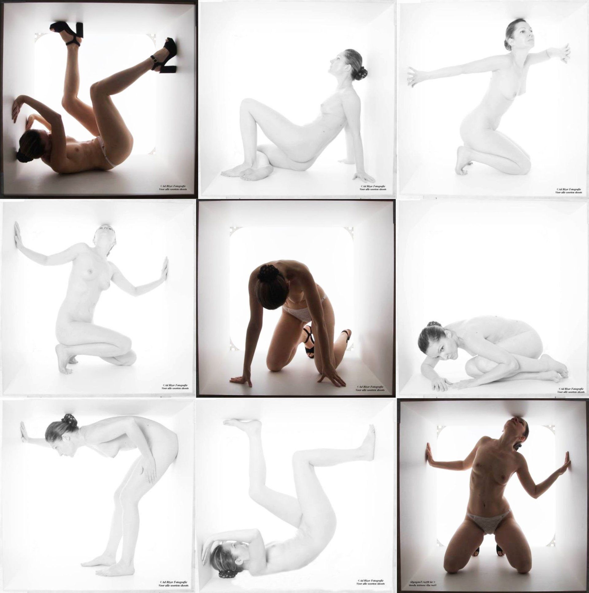 Een collage van negen panelen met een vrouw die verschillende yogahoudingen aanneemt op een witte achtergrond.