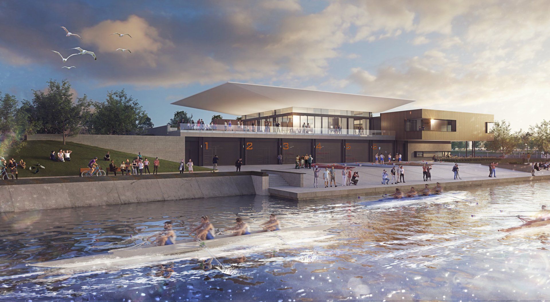 An artist 's impression of a building next to a body of water.