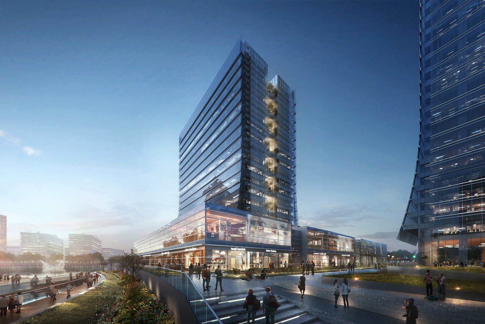 An artist 's impression of a large building in a city at night.
