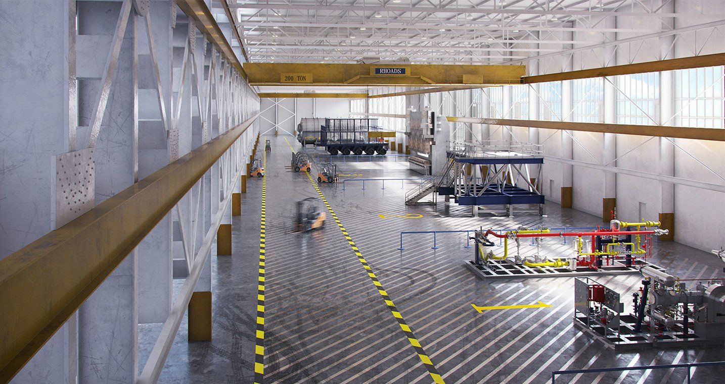 A large warehouse with a lot of machinery in it