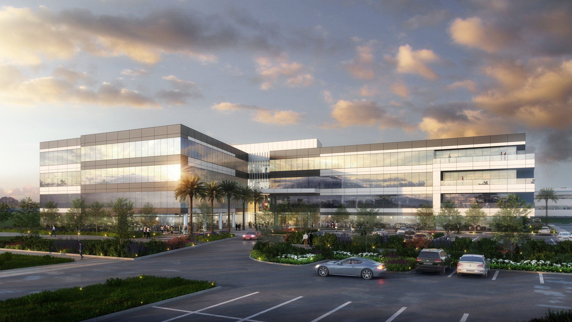 An artist 's impression of a large building with cars parked in front of it.