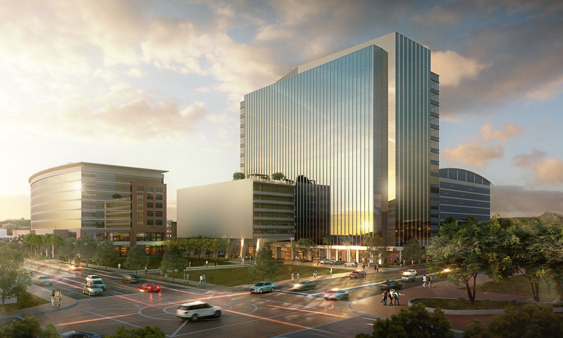 An artist 's impression of a large building in the middle of a city.