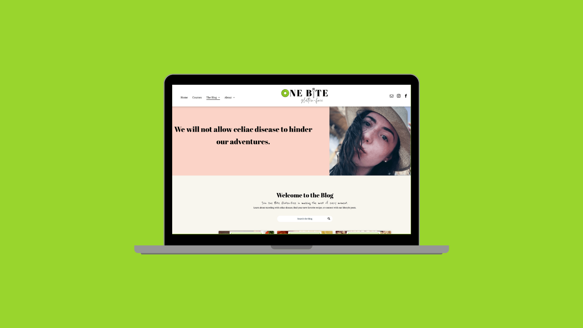 A laptop computer is open to a website with a picture of a woman on the screen.