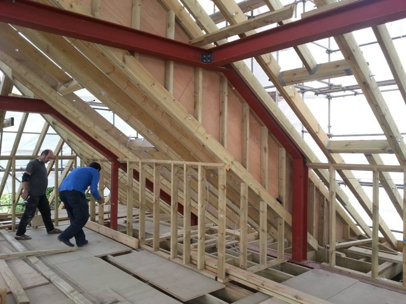 Inside of a roof extension showing structural beams - close up