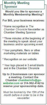 Advertisement for monthly meeting sponsorship, including benefits, contact info, and booking deadline.