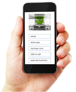 Hand holding a smartphone displaying an app with menu options and a photo of machinery.