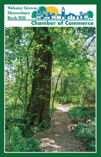 Chamber of Commerce brochure: Tree-lined path in a park; logo at top shows buildings and sun.