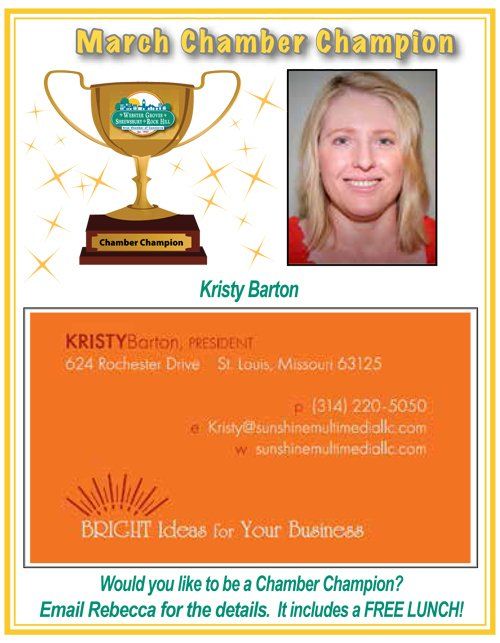 Flyer: Kristy Barton, March Chamber Champion, photo of a woman, contact info in orange box.