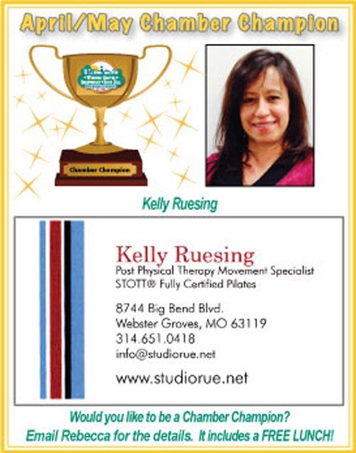 Ad for Kelly Ruesing, a physical therapy specialist. Features photo of woman, trophy, contact info. Yellow border.