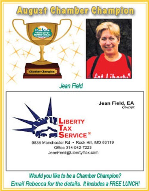 Chamber Champion Jean Field with a trophy, and a Liberty Tax Service business card.