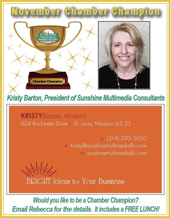 Advertisement for November Chamber Champion, Kristy Barton, featuring her photo, contact info, and a trophy graphic.