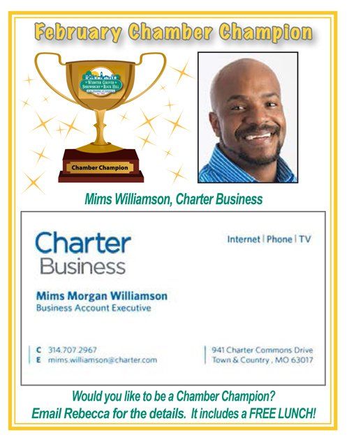 Flyer: Mims Williamson, Chamber Champion. Includes photo, Charter Business logo, contact info, and