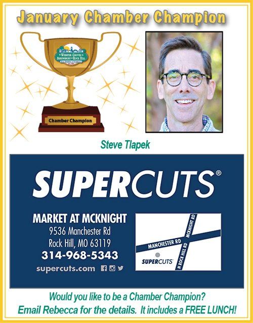 Ad for Supercuts featuring Steve Tlapek, January Chamber Champion. Includes contact info and a promo for free lunch.