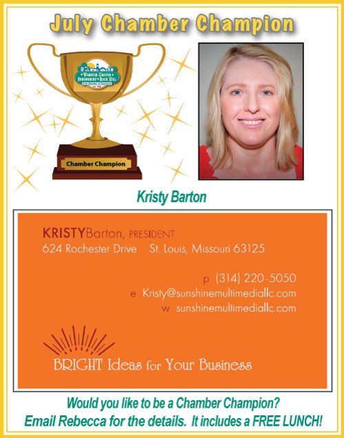 Ad for July Chamber Champion Kristy Barton, includes photo, contact info, and
