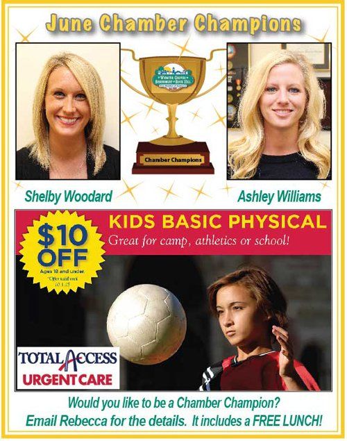 Ad featuring two women, a trophy, a soccer ball, and a child. Offers a discount on kids' physicals at urgent care.