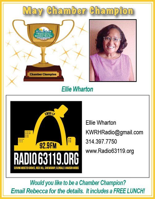 Chamber Champion Ellie Wharton with Radio 63119.org logo and contact information; promotional graphic.