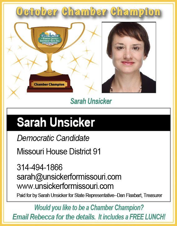 Ad for Sarah Unsicker: Democratic candidate for Missouri House District 91. Features portrait, contact info, and