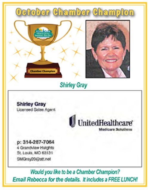 October Chamber Champion: Shirley Gray, a UnitedHealthcare agent, with contact info and trophy graphic.