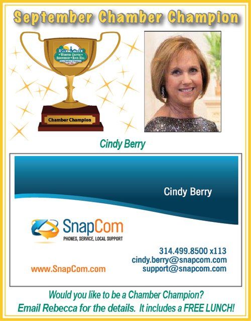 Poster: September Chamber Champion, Cindy Berry, with SnapCom contact info and invitation to join.