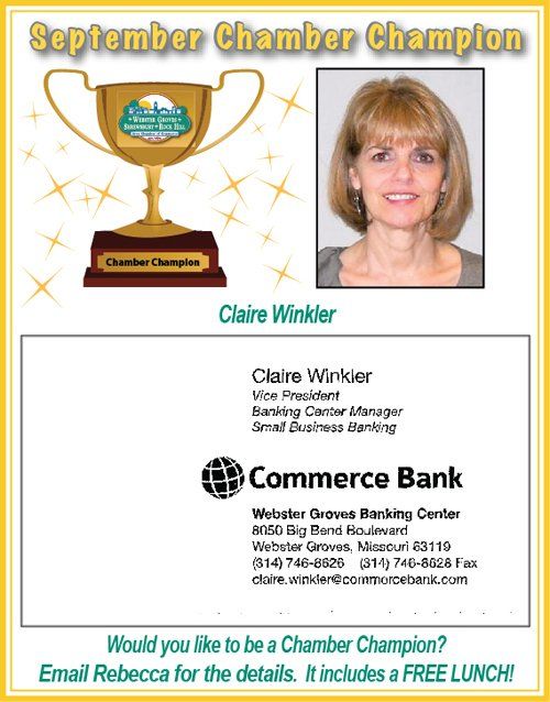 Announcement of Claire Winkler as September Chamber Champion. Includes her photo and Commerce Bank contact details.
