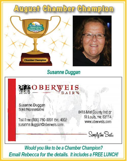 August Chamber Champion: Susanne Duggan, with a business card for Oberweis Dairy.