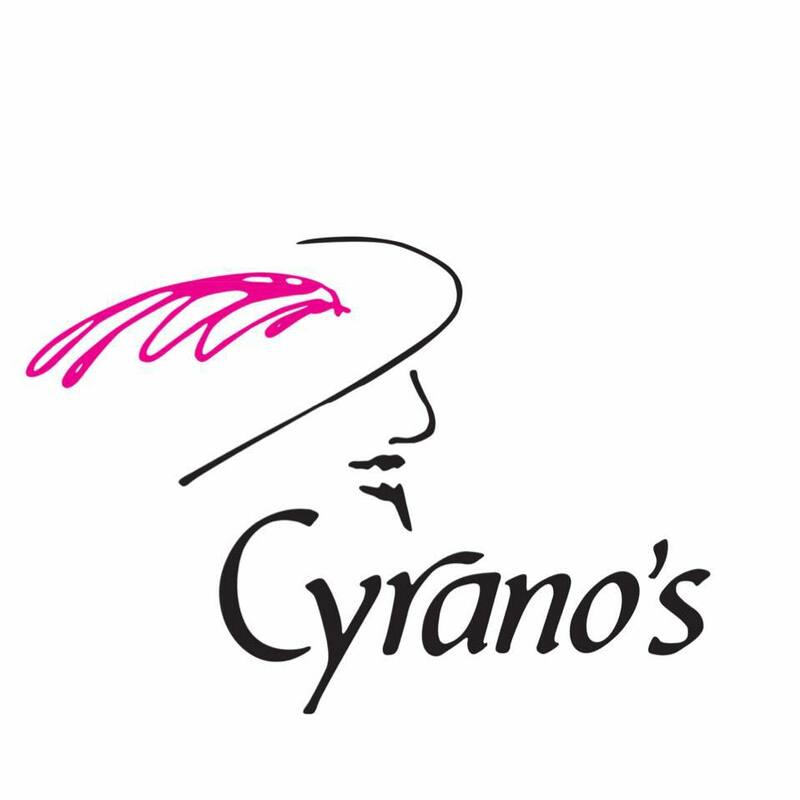 Logo for Cyrano's restaurant, featuring a profile of a person in a hat with a pink feather, and the word