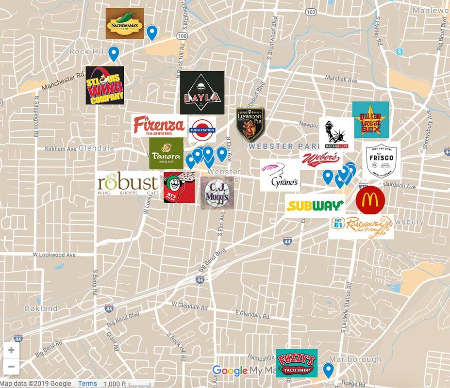 Map of a city with restaurant icons indicating their locations.
