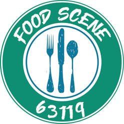 Food Scene logo: teal circle with white text and inner circle. Blue fork, knife, and spoon inside. 63119 at the bottom.