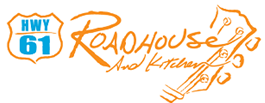 Logo for Hwy 61 Roadhouse and Kitchen: orange script and guitar, with a blue and white shield-shaped Hwy 61 sign.