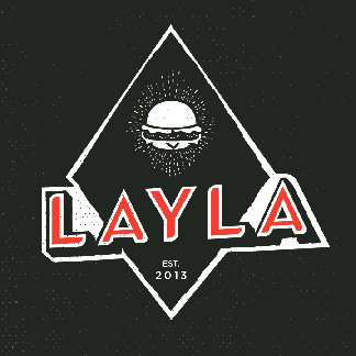 Layla Burger logo: red and white text, burger illustration within a white diamond on a black background.