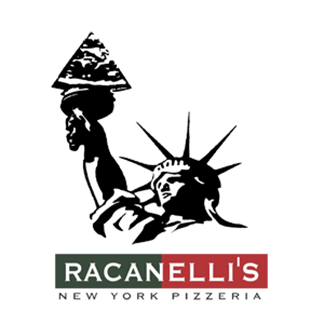 Racanelli's New York Pizzeria logo: Statue of Liberty holding a pizza slice, black and white. Text: