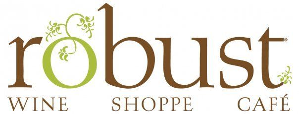 Logo for Robust Wine Shoppe Café; brown and green text, green