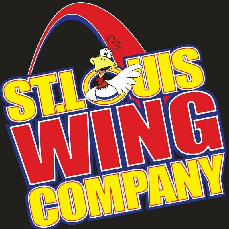 St. Louis Wing Company logo with chicken mascot, red arch, yellow and red text on black.
