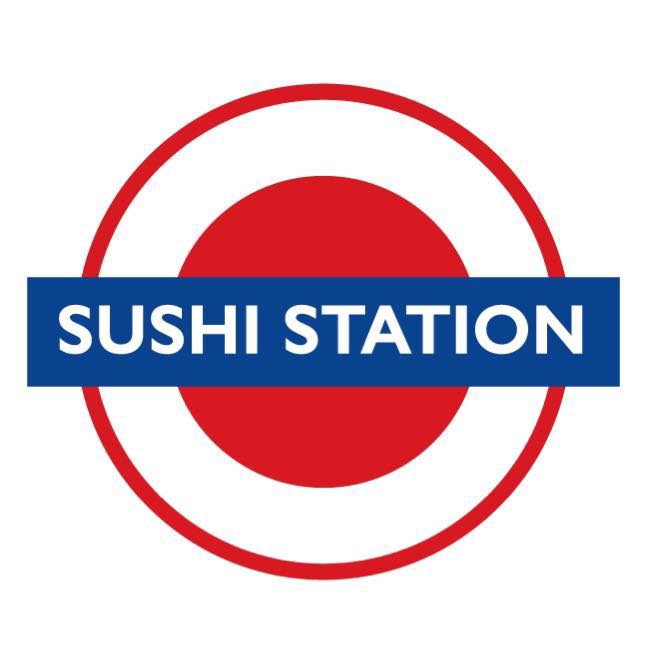 Sushi Station logo: red circle with white ring, blue banner with white text.