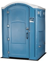 Blue portable toilet with an accessible symbol.